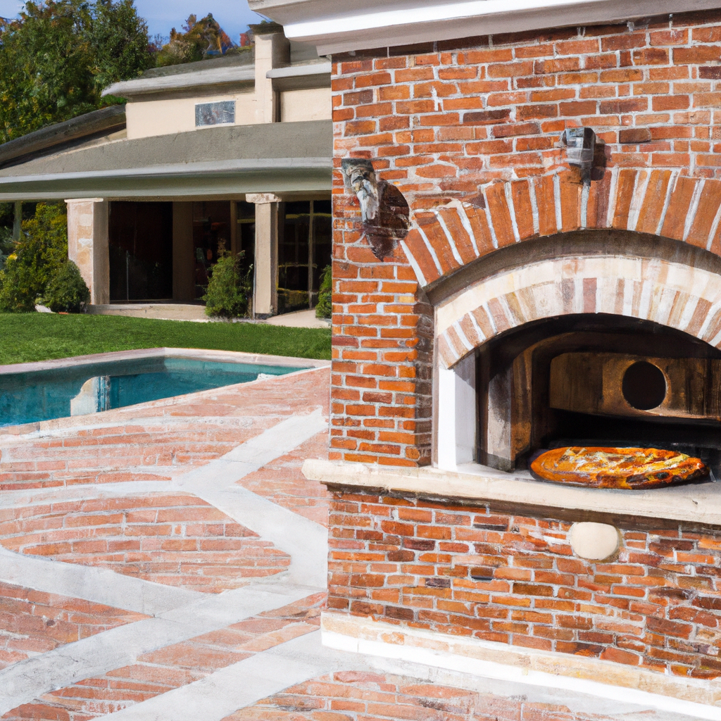 Brick Pizza Oven on a patio next to a swimming pool outside of a large mansion