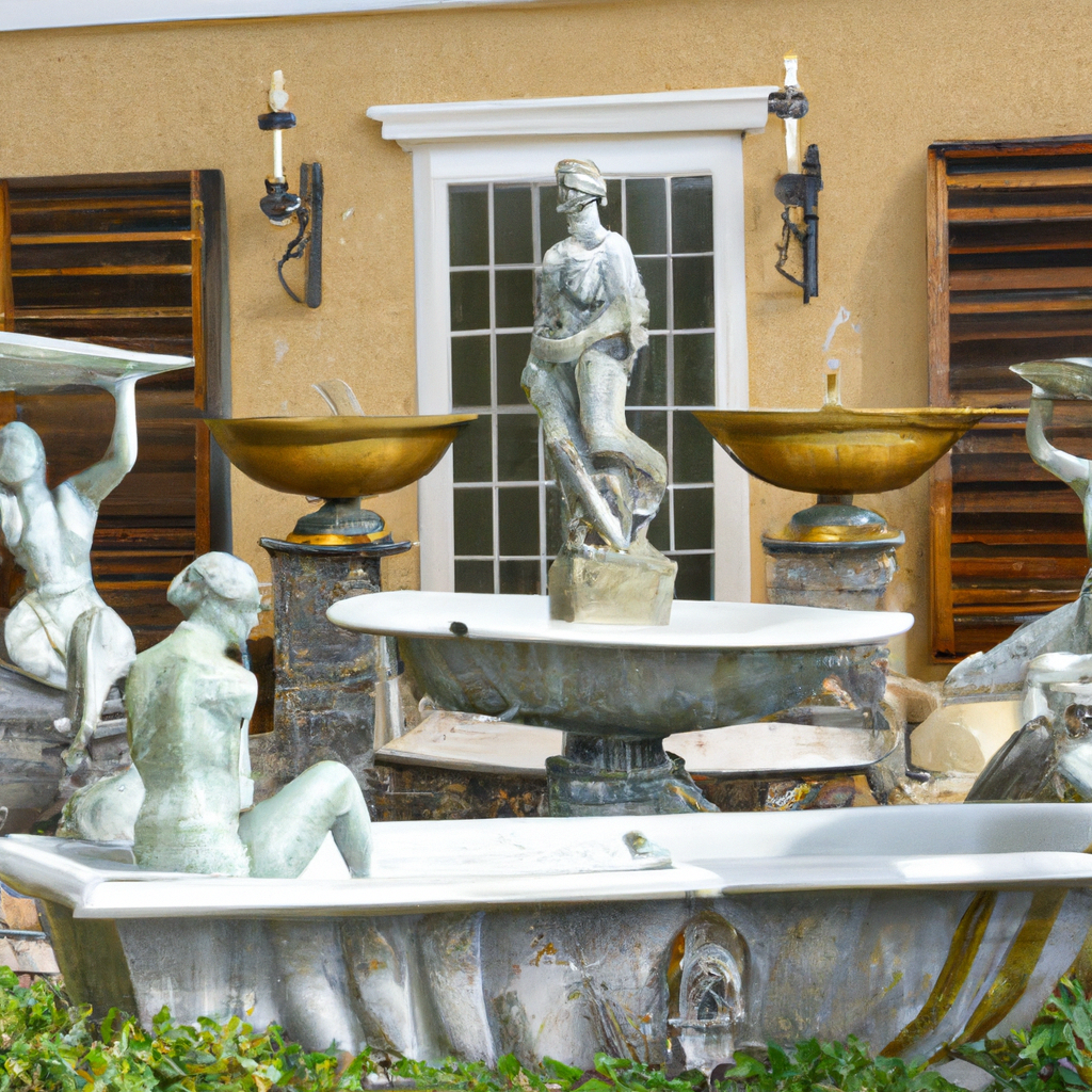 water fountains and marble statues around a bathtub